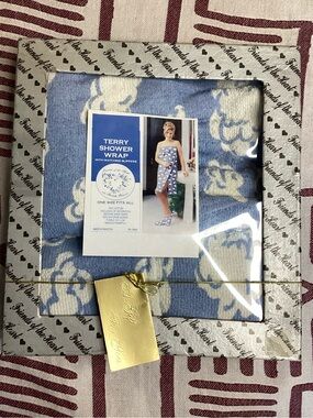 Vintage Terry 100% Cotton Shower Wrap with Matching Slippers - Blue w/ Clouds